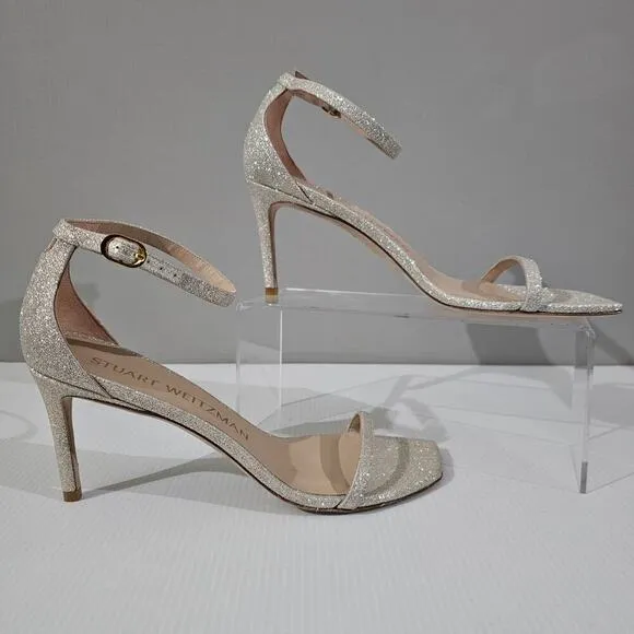 Stuart Weitzman Nudistcurve 75 Sandal Strappy Heel Platinum Glitter Size 9