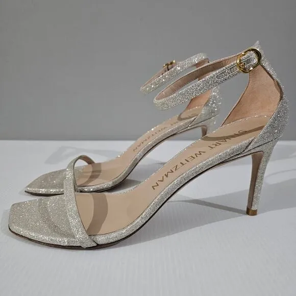 Stuart Weitzman Nudistcurve 75 Sandal Strappy Heel Platinum Glitter Size 9