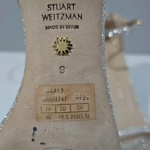 Stuart Weitzman Nudistcurve 75 Sandal Strappy Heel Platinum Glitter Size 9