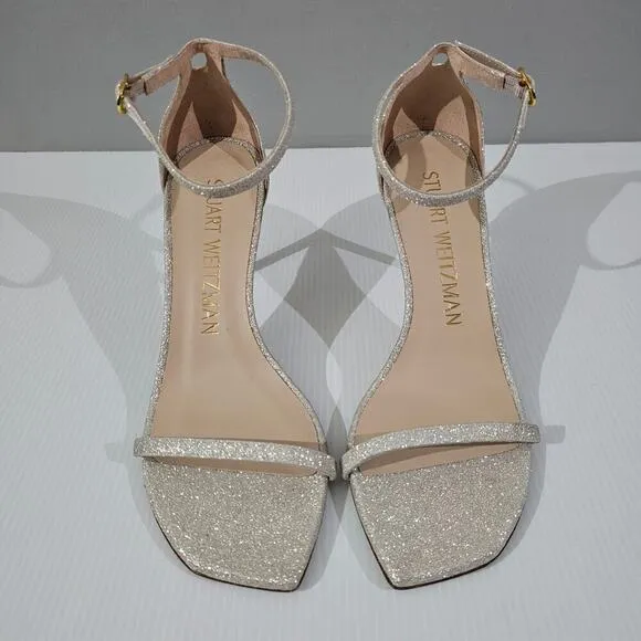 Stuart Weitzman Nudistcurve 75 Sandal Strappy Heel Platinum Glitter Size 9