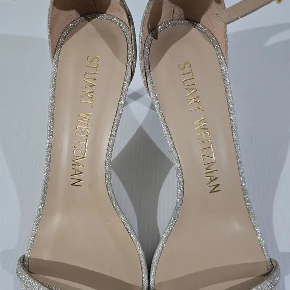 Stuart Weitzman Nudistcurve 75 Sandal Strappy Heel Platinum Glitter Size 9