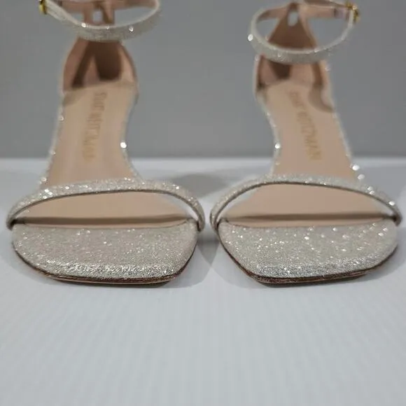 Stuart Weitzman Nudistcurve 75 Sandal Strappy Heel Platinum Glitter Size 9