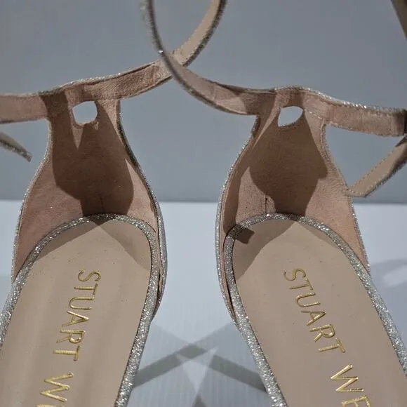 Stuart Weitzman Nudistcurve 75 Sandal Strappy Heel Platinum Glitter Size 9