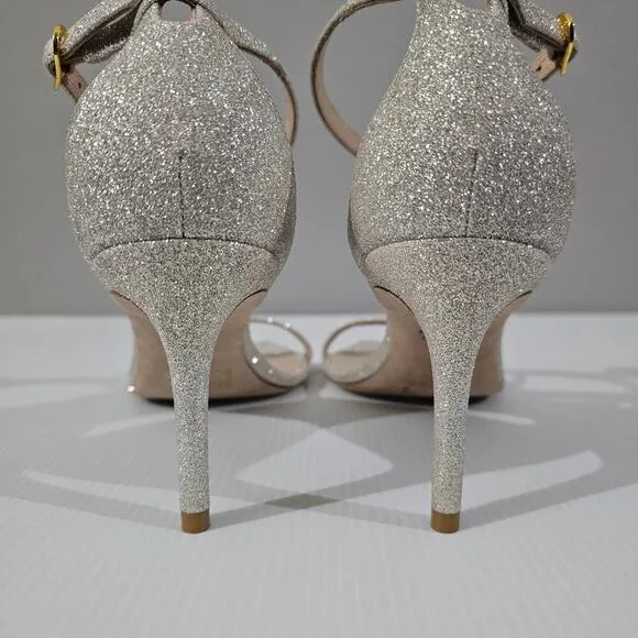 Stuart Weitzman Nudistcurve 75 Sandal Strappy Heel Platinum Glitter Size 9