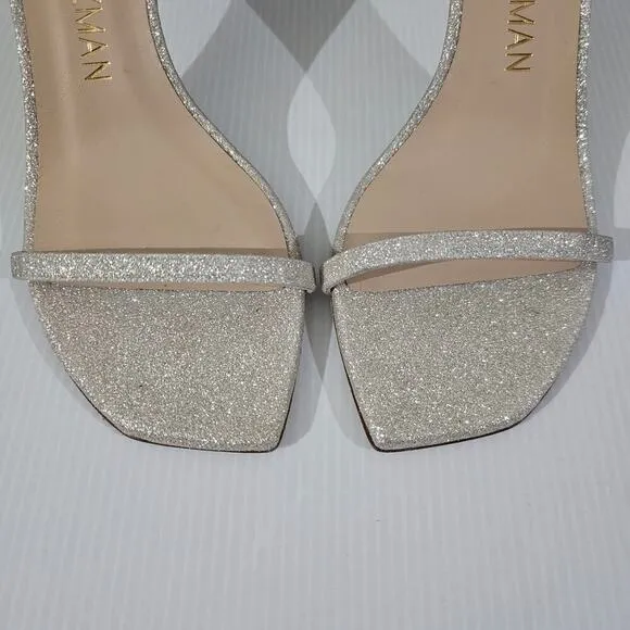 Stuart Weitzman Nudistcurve 75 Sandal Strappy Heel Platinum Glitter Size 9