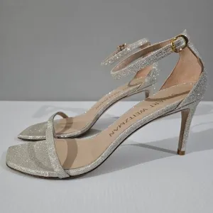 Stuart Weitzman Nudistcurve 75 Sandal Strappy Heel Platinum Glitter Size 9