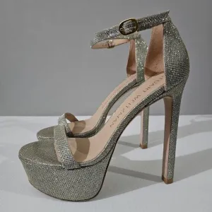 Stuart Weitzman Nudistcurve Hollywood Platform Sandal Heel Platino Size 8