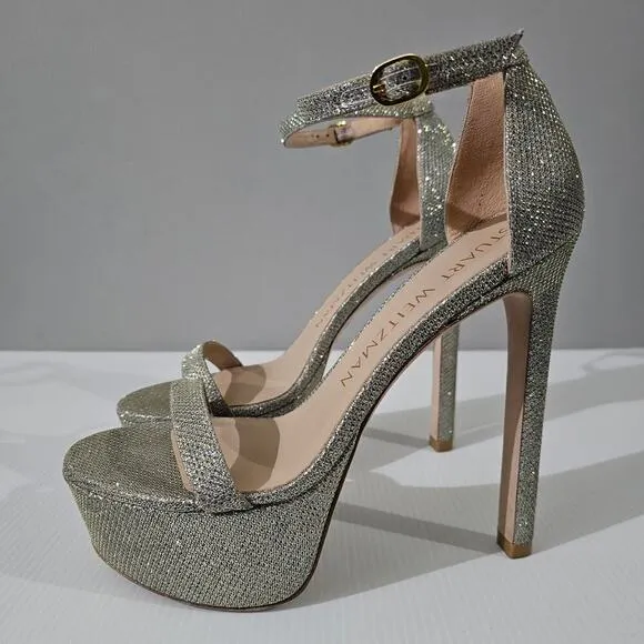 Stuart Weitzman Nudistcurve Hollywood Platform Sandal Heel Platino Size 8