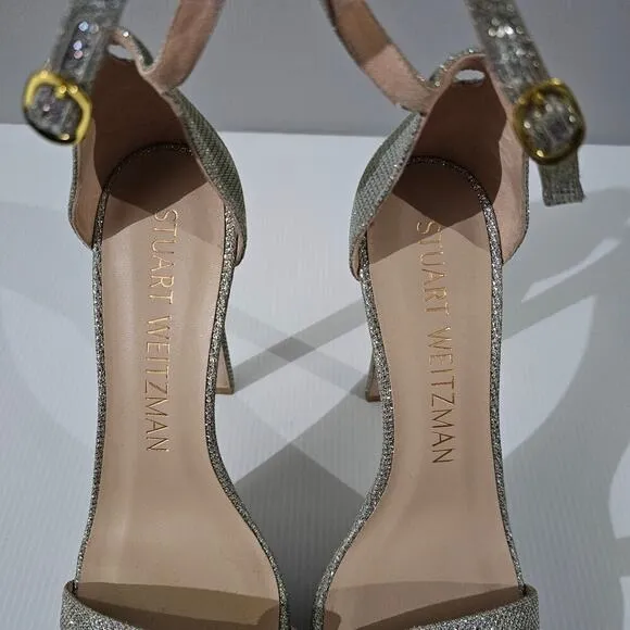 Stuart Weitzman Nudistcurve Hollywood Platform Sandal Heel Platino Size 8