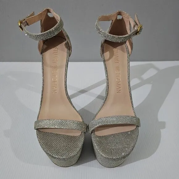 Stuart Weitzman Nudistcurve Hollywood Platform Sandal Heel Platino Size 8
