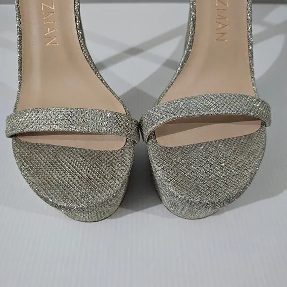 Stuart Weitzman Nudistcurve Hollywood Platform Sandal Heel Platino Size 8