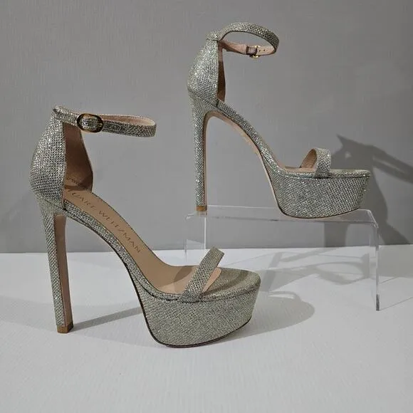 Stuart Weitzman Nudistcurve Hollywood Platform Sandal Heel Platino Size 8