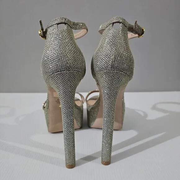 Stuart Weitzman Nudistcurve Hollywood Platform Sandal Heel Platino Size 8
