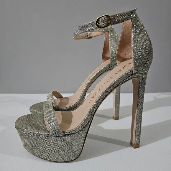 Stuart Weitzman Nudistcurve Hollywood Platform Sandal Heel Platino Size 8