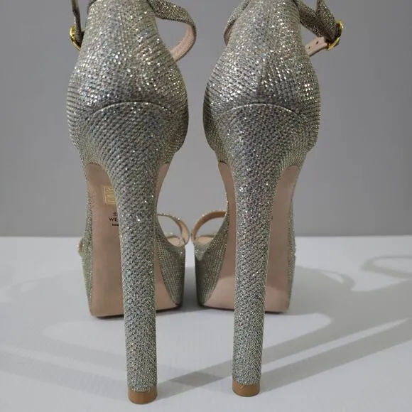 Stuart Weitzman Nudistcurve Hollywood Platform Sandal Heel Platino Size 8
