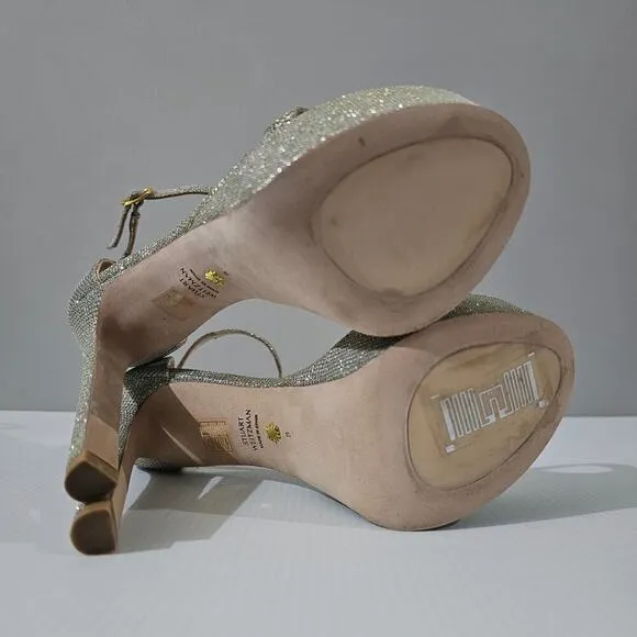 Stuart Weitzman Nudistcurve Hollywood Platform Sandal Heel Platino Size 8