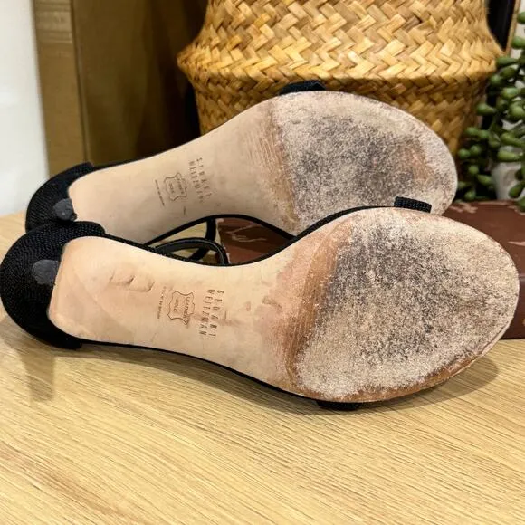 STUART WEITZMAN NuNudist Heels SZ 7 Black Suede Embellished Sandals Ankle Strap