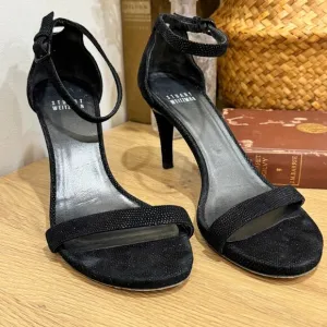 STUART WEITZMAN NuNudist Heels SZ 7 Black Suede Embellished Sandals Ankle Strap