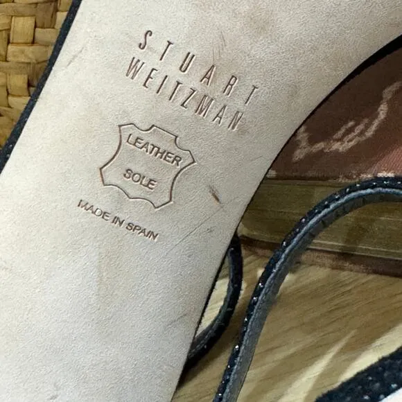 STUART WEITZMAN NuNudist Heels SZ 7 Black Suede Embellished Sandals Ankle Strap