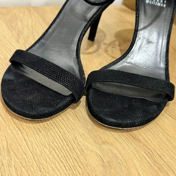 STUART WEITZMAN NuNudist Heels SZ 7 Black Suede Embellished Sandals Ankle Strap