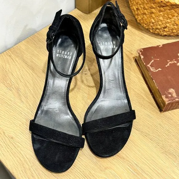 STUART WEITZMAN NuNudist Heels SZ 7 Black Suede Embellished Sandals Ankle Strap