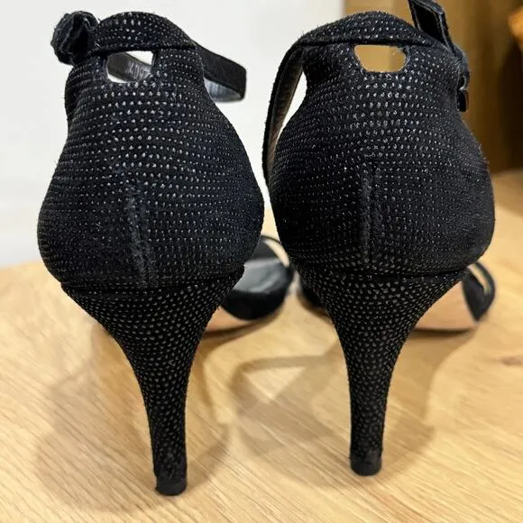 STUART WEITZMAN NuNudist Heels SZ 7 Black Suede Embellished Sandals Ankle Strap