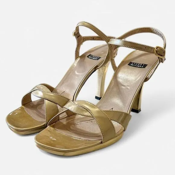 Stuart Weitzman Patent Leather Strappy Gold Metallic Crisscross Sandal Heel Sz 8