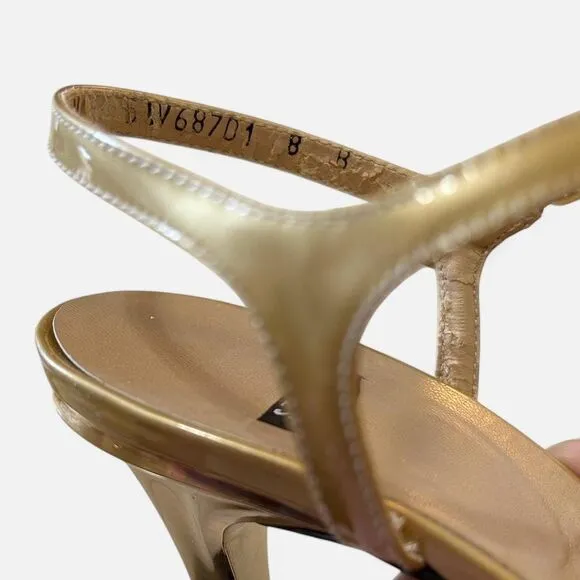 Stuart Weitzman Patent Leather Strappy Gold Metallic Crisscross Sandal Heel Sz 8