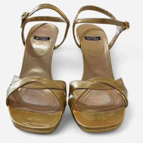 Stuart Weitzman Patent Leather Strappy Gold Metallic Crisscross Sandal Heel Sz 8