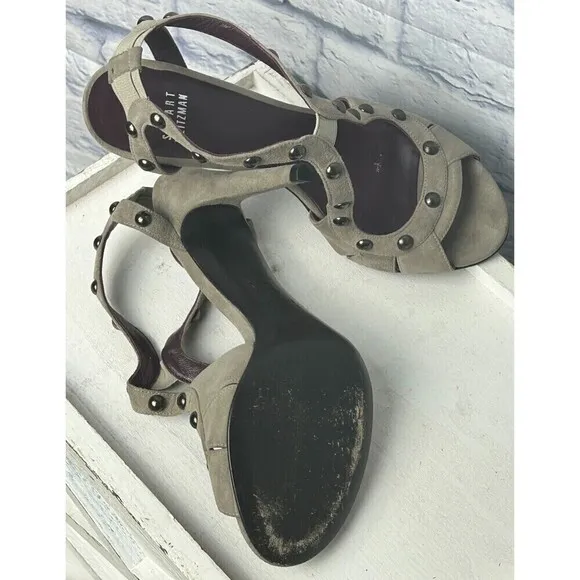 Stuart Weitzman Ratatat Women Suede Stud Sandal Taupe Sz 7.5 4inch Heel Boss Rck