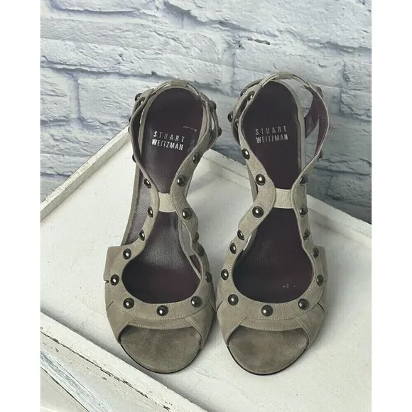 Stuart Weitzman Ratatat Women Suede Stud Sandal Taupe Sz 7.5 4inch Heel Boss Rck