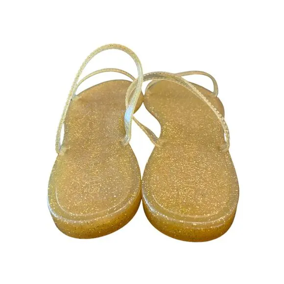 Stuart Weitzman Sawyer Glitter Jelly Flat Slide Sandals Open Toe Gold Size 8B