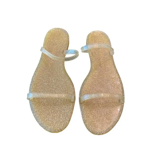 Stuart Weitzman Sawyer Glitter Jelly Flat Slide Sandals Open Toe Gold Size 8B