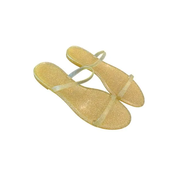 Stuart Weitzman Sawyer Glitter Jelly Flat Slide Sandals Open Toe Gold Size 8B