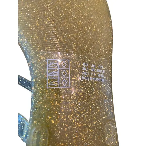 Stuart Weitzman Sawyer Glitter Jelly Flat Slide Sandals Open Toe Gold Size 8B