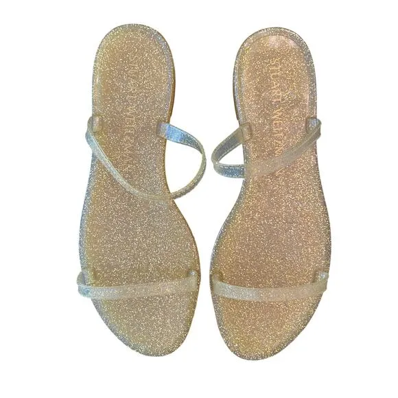 Stuart Weitzman Sawyer Glitter Jelly Flat Slide Sandals Open Toe Gold Size 8B