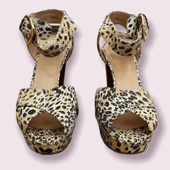 Stuart Weitzman Snakeskin Pumps Cream Gold Open Toe Buckle Heels Womens Size 6.5
