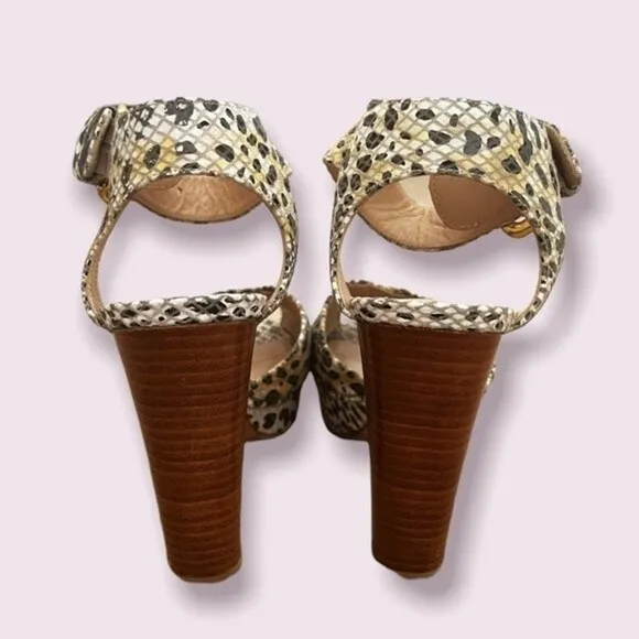Stuart Weitzman Snakeskin Pumps Cream Gold Open Toe Buckle Heels Womens Size 6.5