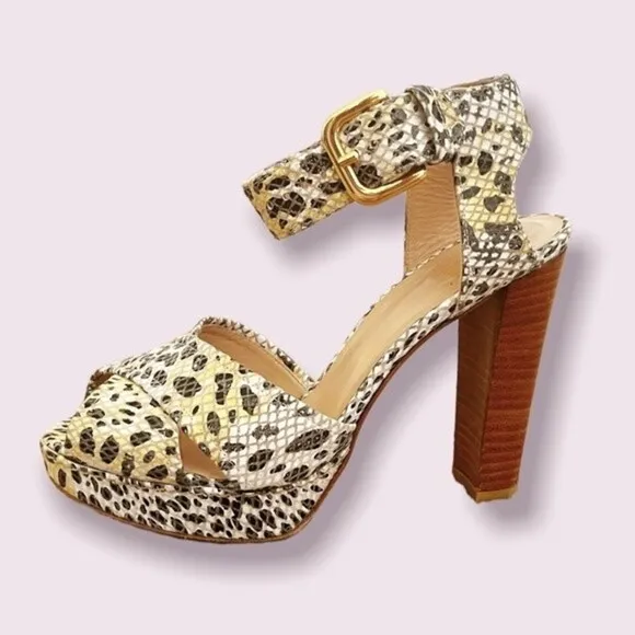 Stuart Weitzman Snakeskin Pumps Cream Gold Open Toe Buckle Heels Womens Size 6.5