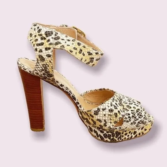 Stuart Weitzman Snakeskin Pumps Cream Gold Open Toe Buckle Heels Womens Size 6.5
