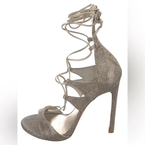 Stuart Weitzman strappy gladiator leg wrap gold glitter stiletto high heels 10