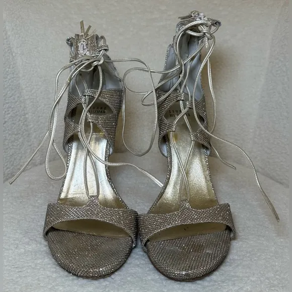 Stuart Weitzman strappy gladiator leg wrap gold glitter stiletto high heels 10