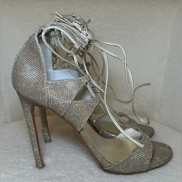 Stuart Weitzman strappy gladiator leg wrap gold glitter stiletto high heels 10