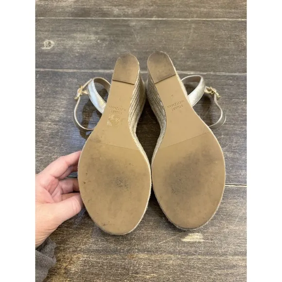 Stuart Weitzman Teddi Wedge Espadrille Sandals Size 8 Gold  $395  Cocktail Metal