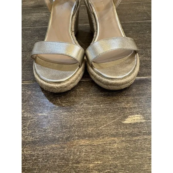 Stuart Weitzman Teddi Wedge Espadrille Sandals Size 8 Gold  $395  Cocktail Metal