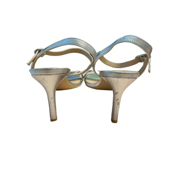 STUART WEITZMAN Twisted Stiletto Heel Sandals Leather Ankle Strap Silver Size 8