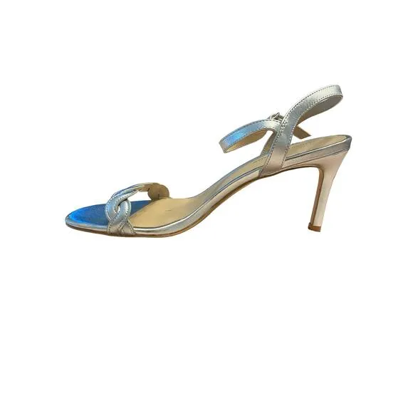 STUART WEITZMAN Twisted Stiletto Heel Sandals Leather Ankle Strap Silver Size 8