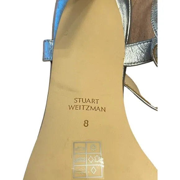 STUART WEITZMAN Twisted Stiletto Heel Sandals Leather Ankle Strap Silver Size 8