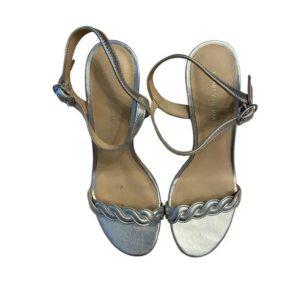 STUART WEITZMAN Twisted Stiletto Heel Sandals Leather Ankle Strap Silver Size 8