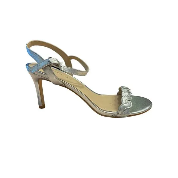 STUART WEITZMAN Twisted Stiletto Heel Sandals Leather Ankle Strap Silver Size 8